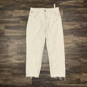 ZARA Relaxed Fit White Denim Jeans Raw Frayed Hem Button-Fly Women's Size 12